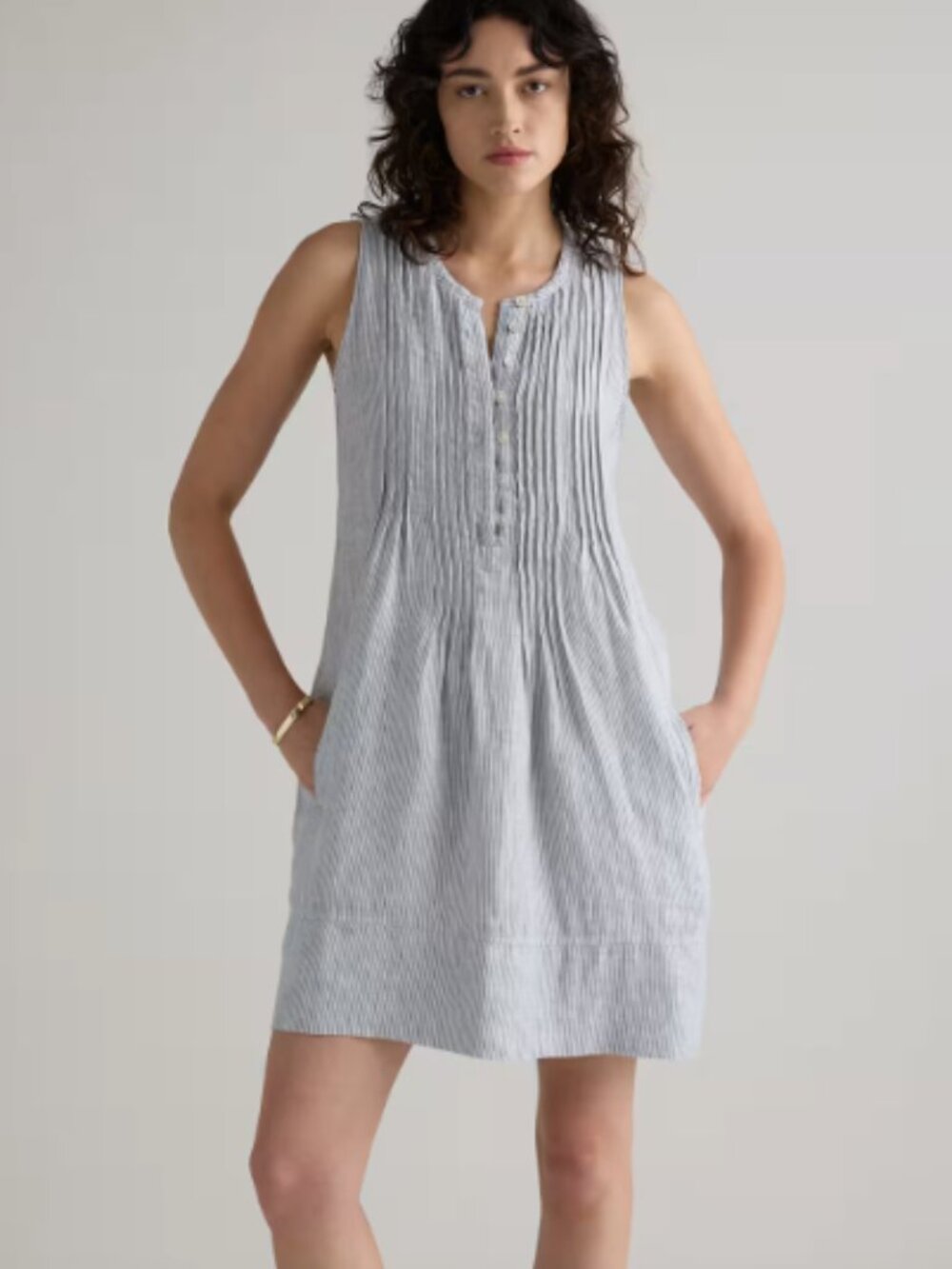 Quince 100% European Linen Sleeveless Swing Dress Blue Pinstripe XS